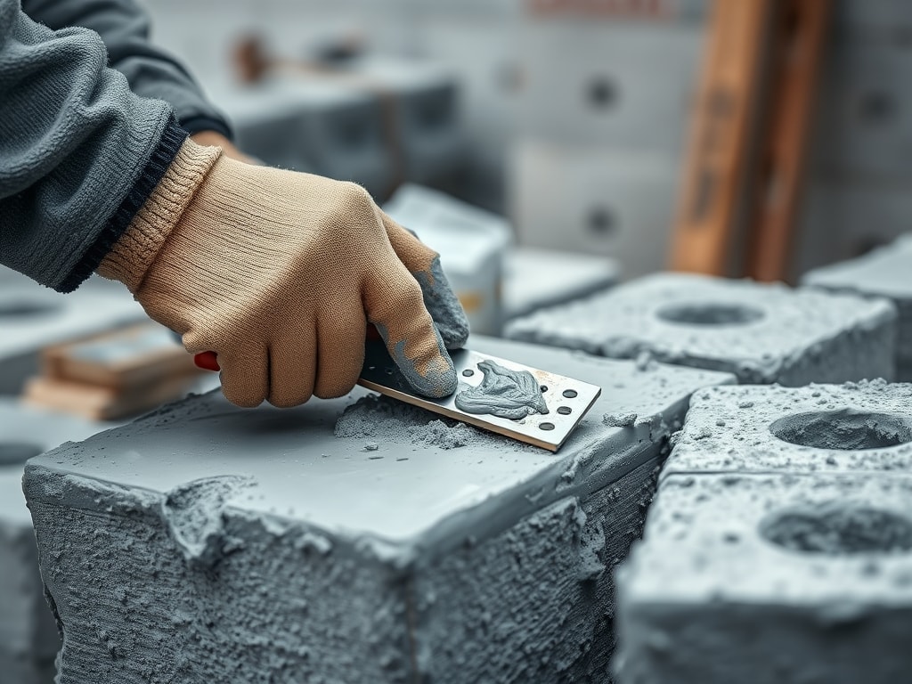 Montage d'un mur en parpaing, chantier Vigeral Bâtiment